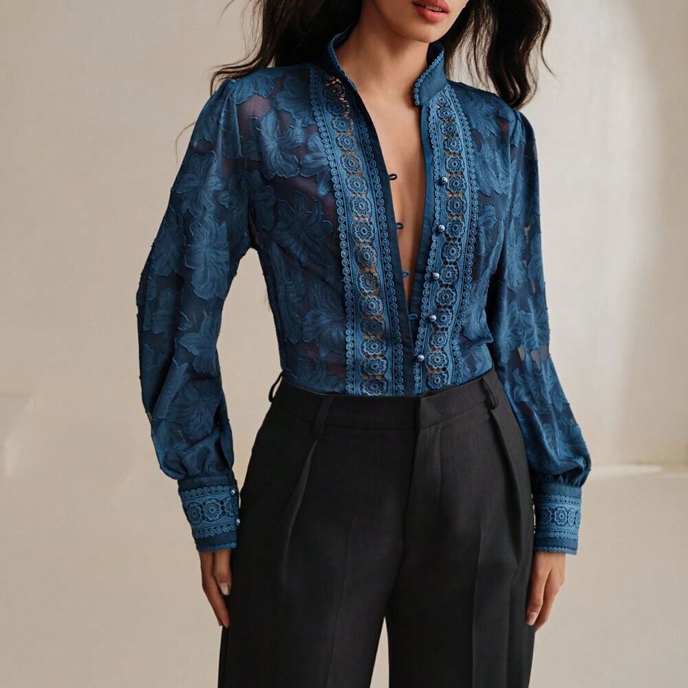 Navy Blue Elegant Women's Sheer Jacquard Patchwork Blouse